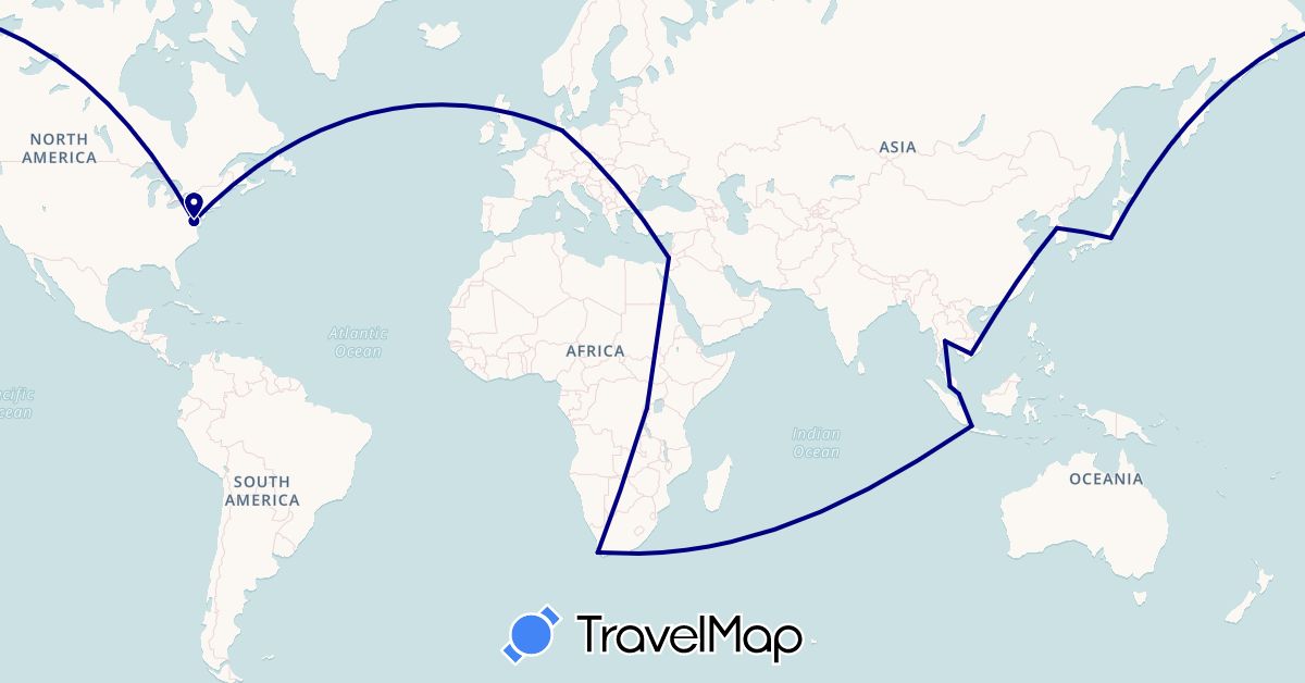 TravelMap itinerary: driving in Germany, Indonesia, Israel, Japan, South Korea, Malaysia, Rwanda, Singapore, Thailand, United States, Vietnam, South Africa (Africa, Asia, Europe, North America)